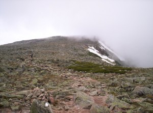 A fog-shrouded view of part of the trail up Katahdin, Eric and Toby in the distance