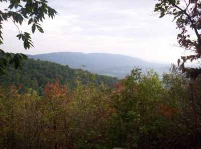 A morning view into the distance over autumn-colored brush and forested hillsides