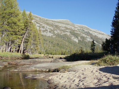 South down Lyell Canyon as I gather and purify water, viewing Kuna Crest