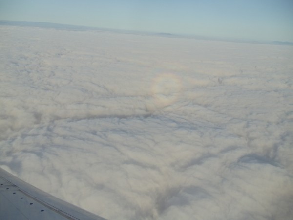 Continuing the arc, the glory appears further to the right of the wing, which is just barely in the bottom left corner of the picture