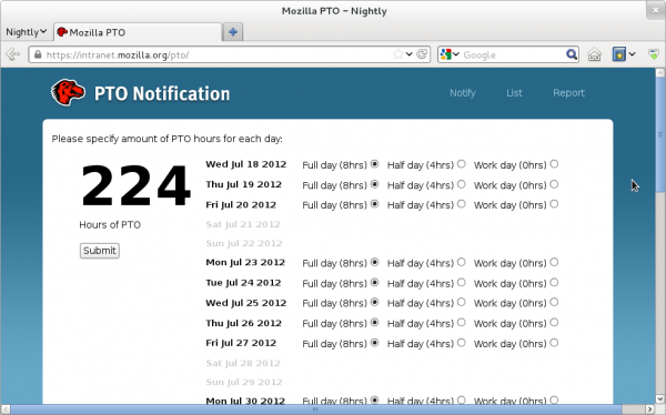 Screenshot of a browser showing Mozilla's PTO app, indicating 224 hours of PTO starting July 18